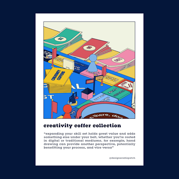 A colourful illustrated postcard with prompts for designers for their wellbeing and mental health