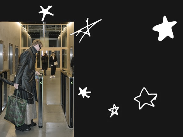 Student using ID card at security barriers at East Bank. Photography by Ana Blumenkron.