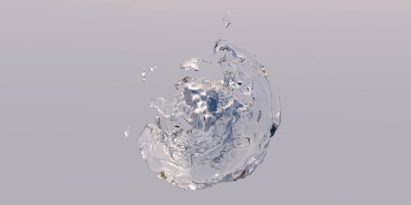 A digital 3D Render of a glass water type structure in a globe shape transparent splash around a central light purple nugget. The background is light purple grey. This angle view of the sculpture represents the UAL 2032 strategy as a whole.