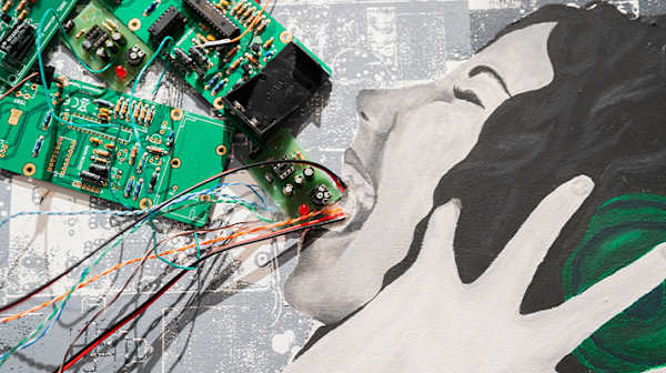 Painting of a person screaming with electronics coming out of their mouth 