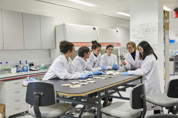 Students working in a lab wearing white coats 