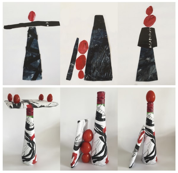 Black, red and white sculptures