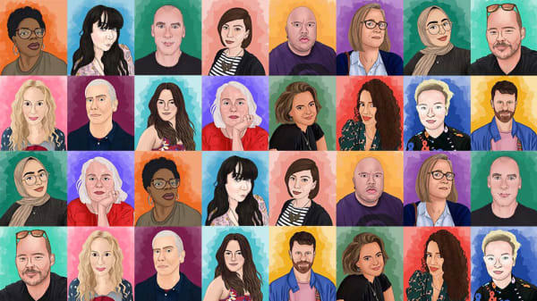 Colourful illustrations of people laid out in a mosaic patter