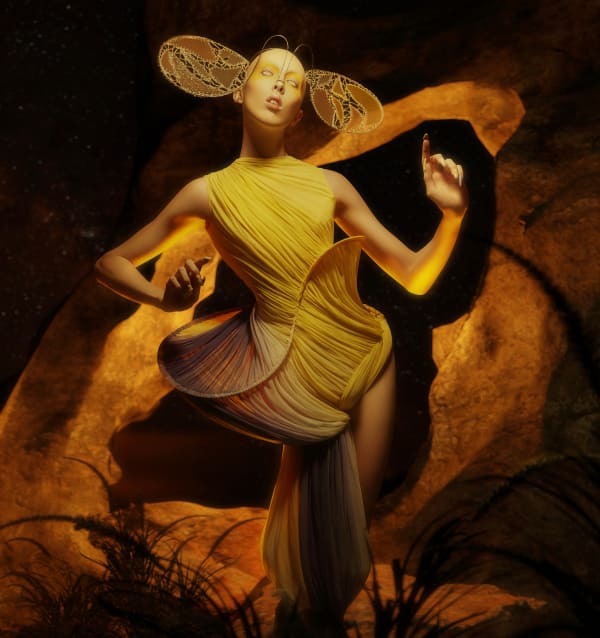 Ethereall woman with wing-like ears in yellow