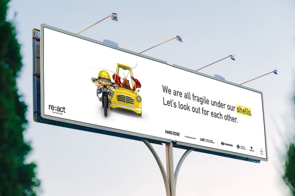 Mock-up of Agota's posters on a motorway sign.