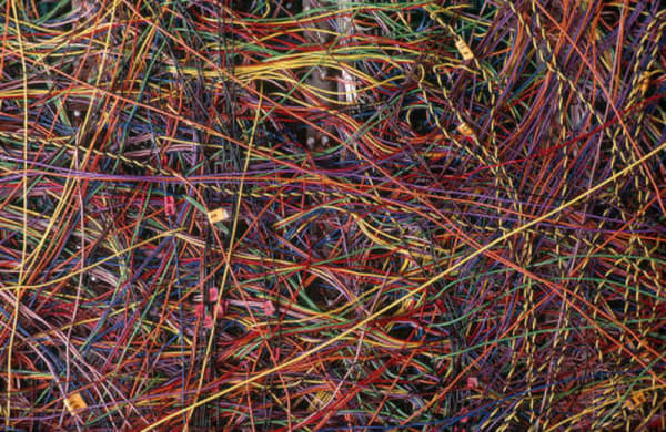 A dense tangle of multicoloured wiring
