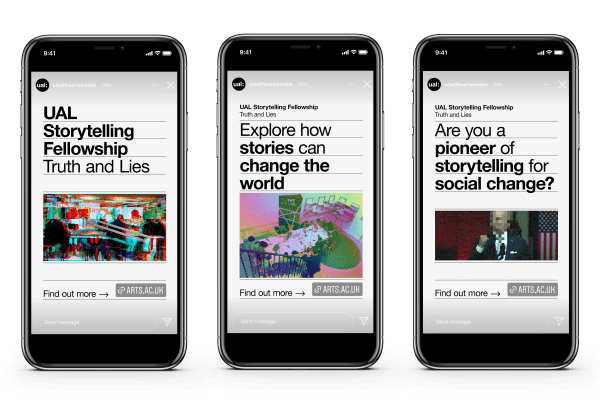 3 Instagram stories promoting the AKO Storytelling Institute fellowship call-out