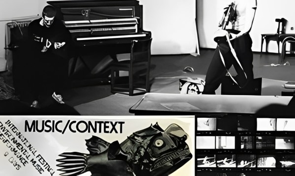 Three archival black and white images collaged together.  One features 2 people playing music.  One of them is sat next to a piano and playing the guitar and the other is holding another instrument.  Another image shows a flyer for an event called “Music/Context” and features an illustration of a metallic fish.  The final image is a black and white film strip.
