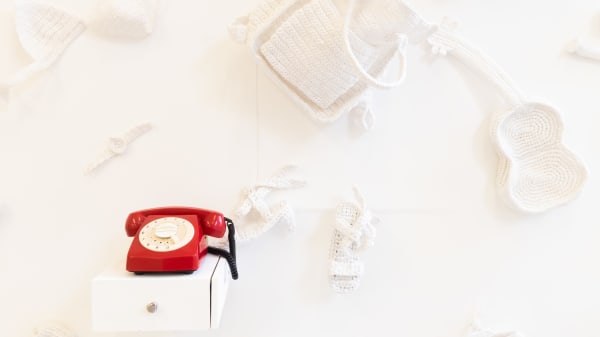 Knitted accessories and telephone installation by Xinyi Zhang, Summer Show. MA Designer Maker. Camberwell College of Arts, UAL.