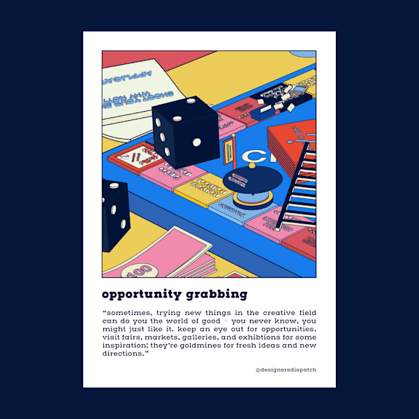 A colourful illustrated postcard with prompts for designers for their wellbeing and mental health