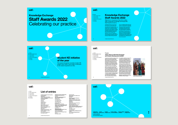 6 pages of a landscape digital PDF with an overview about the KE staff awards event, finalist for an award as well as a list of entries. Cover pages are blue background and information pages have a white background with black text.
