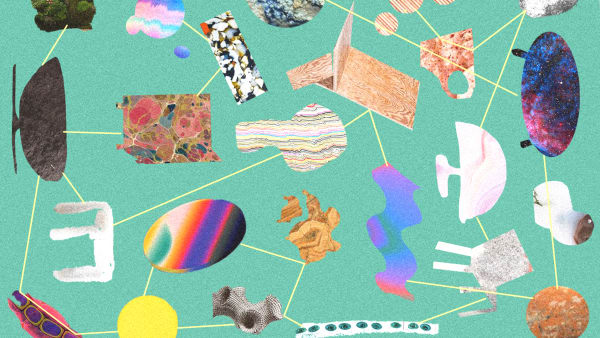 Colourful mood board with representations of different materials. 