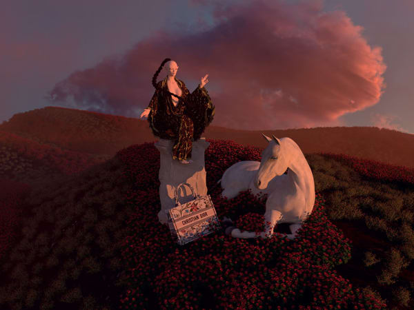 Digital image of woman with white horse with hazy, red background.