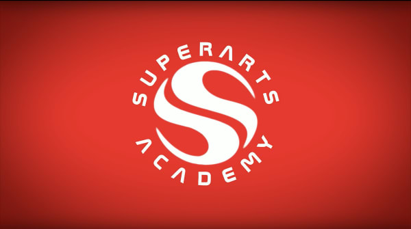 Red background with large red S in the middle with Superarts Academy circling it