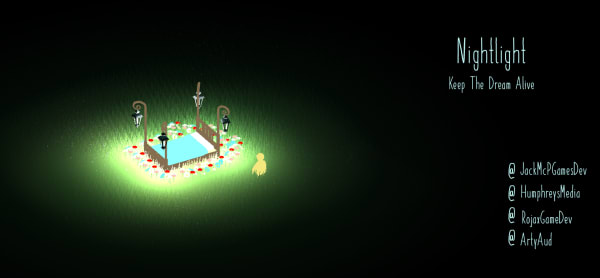 Screenshot of game showing lit up garden in a night time setting.