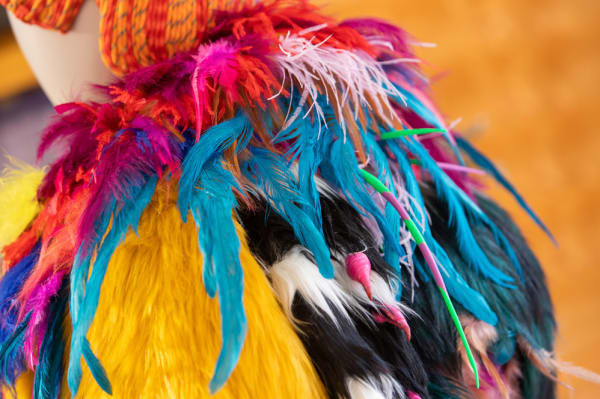 Close up of a colourful costume with lots of feathers and fur.