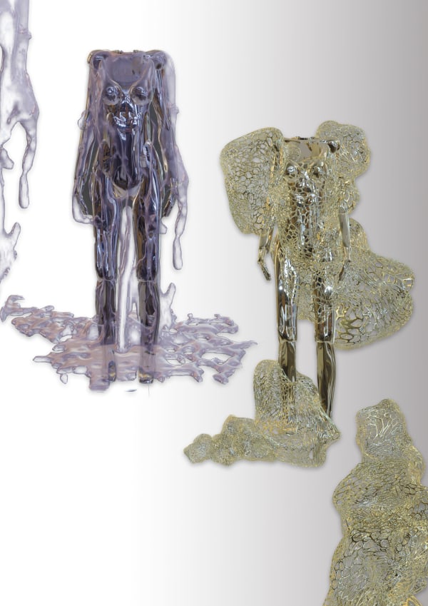Digital 3D renderings of human figures in metallic purple and gold liquid meshes