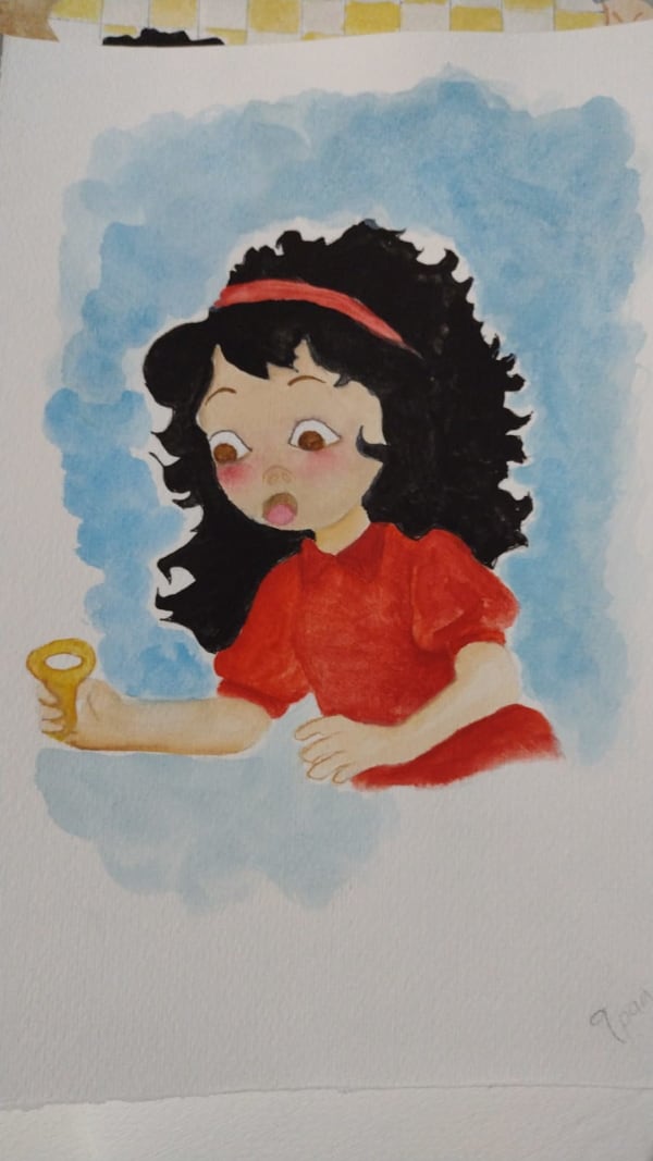 Watercolour of a young girl looking surprised at a key she's holding in her hand