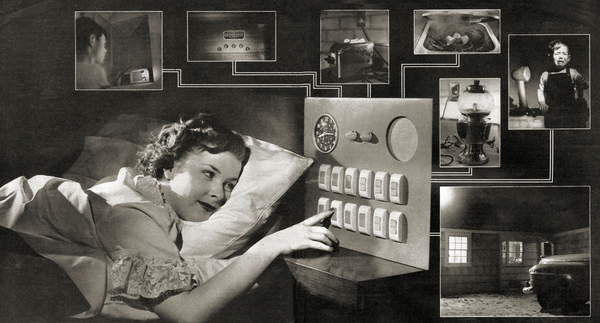 A retro-futuristic photo of a housewife at a console