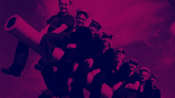 pink and purple duotone photo of sailors holding 