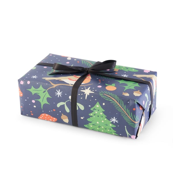 A present wrapped in dark blue wrapping paper with robins, mushrooms and festive winter symbols, it's tied up with a black ribbon