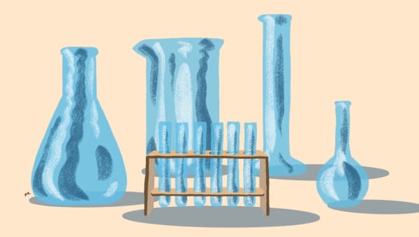 Illustration of blue conical flasks.
