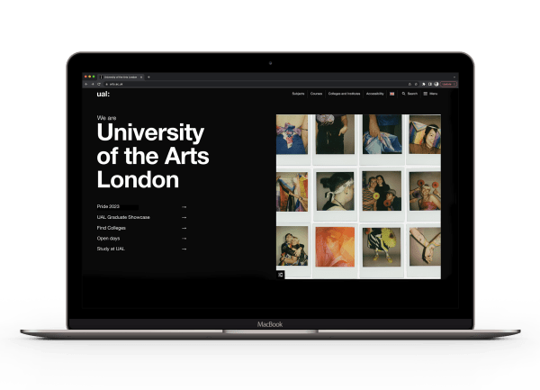Laptop displaying UAL homepage during Pride 2023