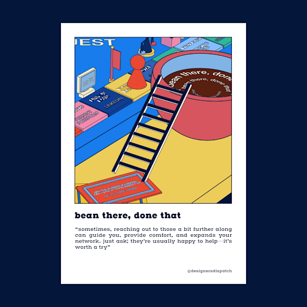 A colourful illustrated postcard with prompts for designers for their wellbeing and mental health