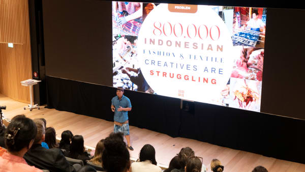 A talk in the theatre at London College of Fashion, East Bank.