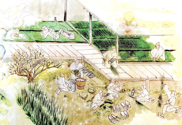 Image resembling a watercolor painting of a garden with a several people at work on it