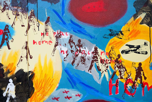 Mixed media image, bright blue painted background, yellow and red circular shapes, red crayon planes and a roughly printed series of black figures moving diagonally top left to bottom right.