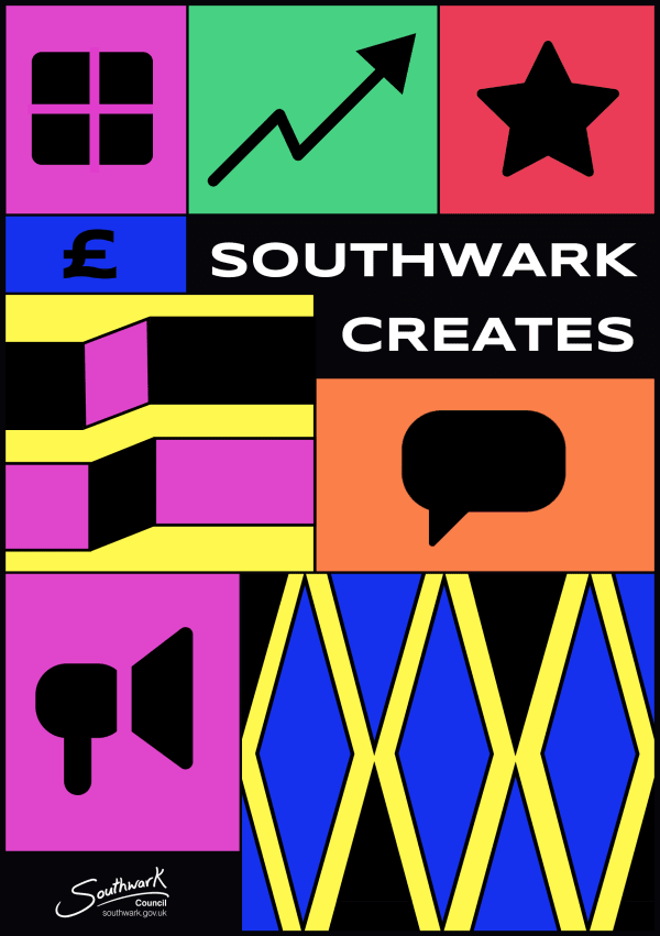 Poster for Southwark Creates made up of brightly coloured graphic shapes.