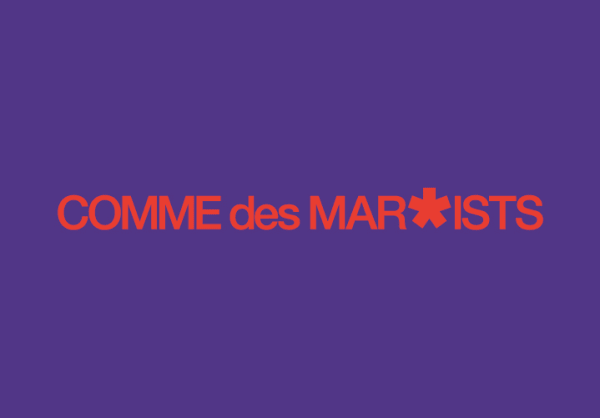 red text on purple background, text reads COMME des MAR*ISTS.