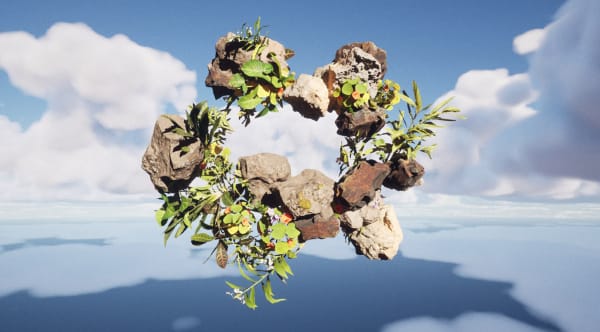 Digital image of sculpture of leaves and rocks floating against a sky background