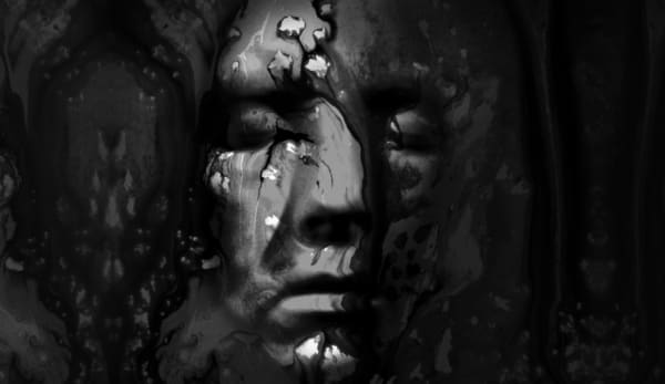 black and white abstract oil paint effect, close up of a face - closed eyes, with abstract shapes and textures behind and embossed spots / strokes on the face.