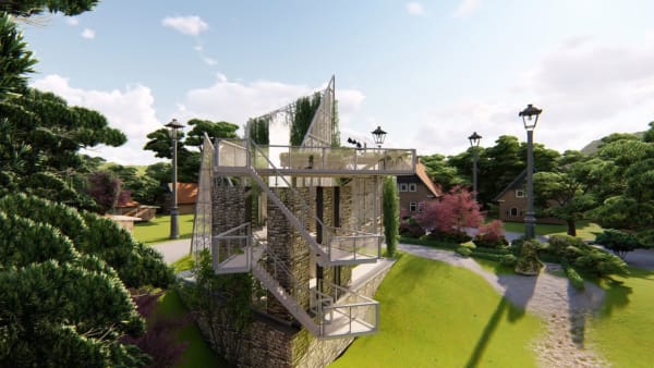 Digital render of a pale building set in green lush landscape