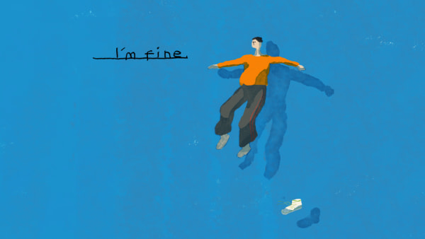 Illustration of person appearing to drown in blue with 