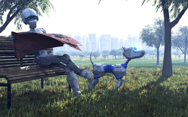 Robot humanoid sitting on a park bench reading a newspaper, with their robot dog