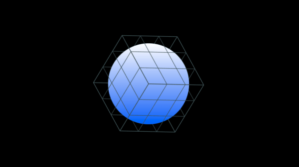 A blue sphere within a net cube on a black background