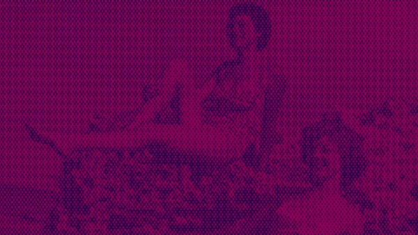 pink and purple duotone photo of woman sunbathing in 60s
