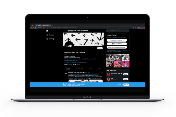 Screenshot of UAL's Twitter page, using a Research Season header banner