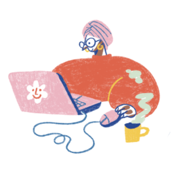 An illustration of someone with pink hair using a laptop with a steaming cup of tea next to them