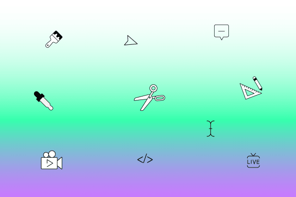 A gradient from white through green to purple is decorated with icons related to creative practice, such as a coding symbol, a paintbrush, a pair of scissors and a camera 