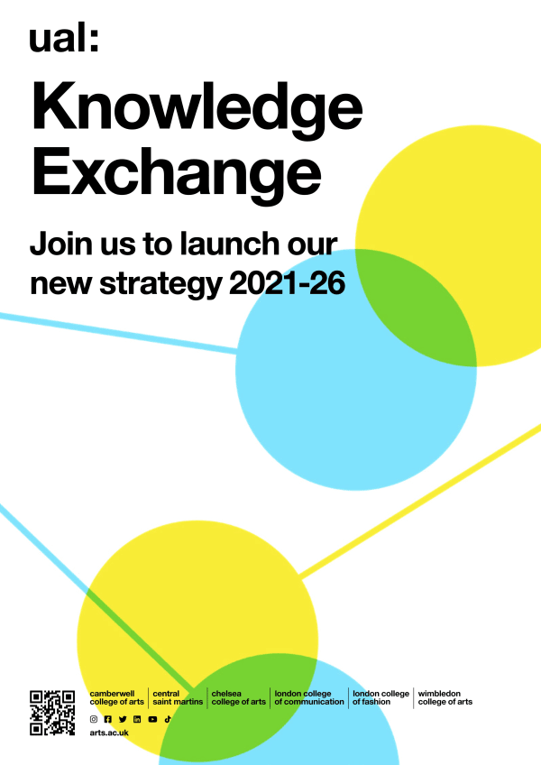 Poster design with text 'Knowledge Exchange, join us to launch our new strategy 2021-2026' surrounded by turquoise and blue circles with lines connecting off the page 