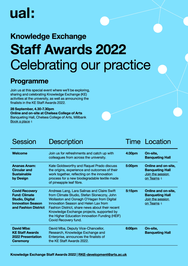 Blue background poster with details and full programme about the Knowledge Exchange staff awards event, September 2022