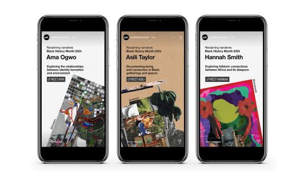 3 iphones displaying 3 Instagram stories featuring collage artwork from 3 artists