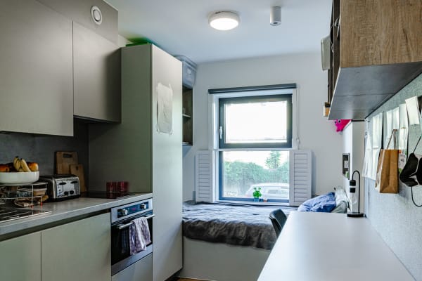 View of a studio room featuring a kitchenette with a built-in fridge, combination oven, two hob rings, toaster and sink.