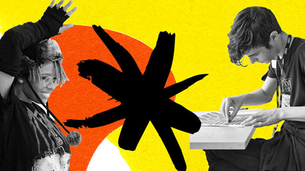 Black and white cut outs of students. On left student is smiling and waving with hand in the air. On the right student is mark making on a piece of paper