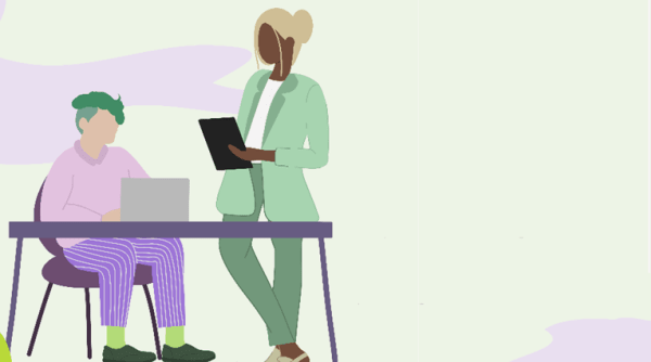 Stylised illustration of 2 women, one sitting at a desk typing on a laptop and another one standing by the desk with a tablet..
