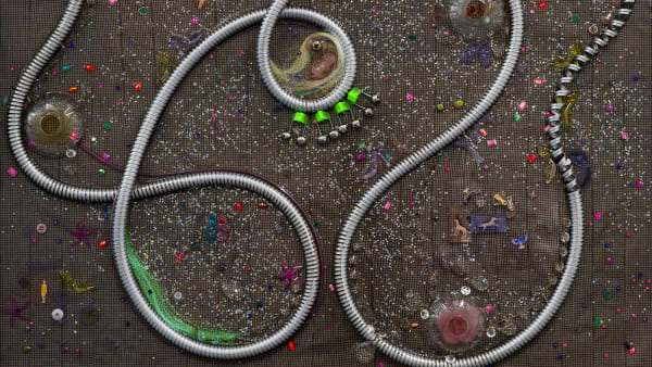 Painting using found objects including toy figures and objects from the bathroom. 